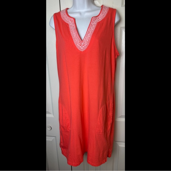 LANDS END Embroidered Dress Orange White Pockets Cotton Split VNeck Swim Cover - Picture 1 of 9